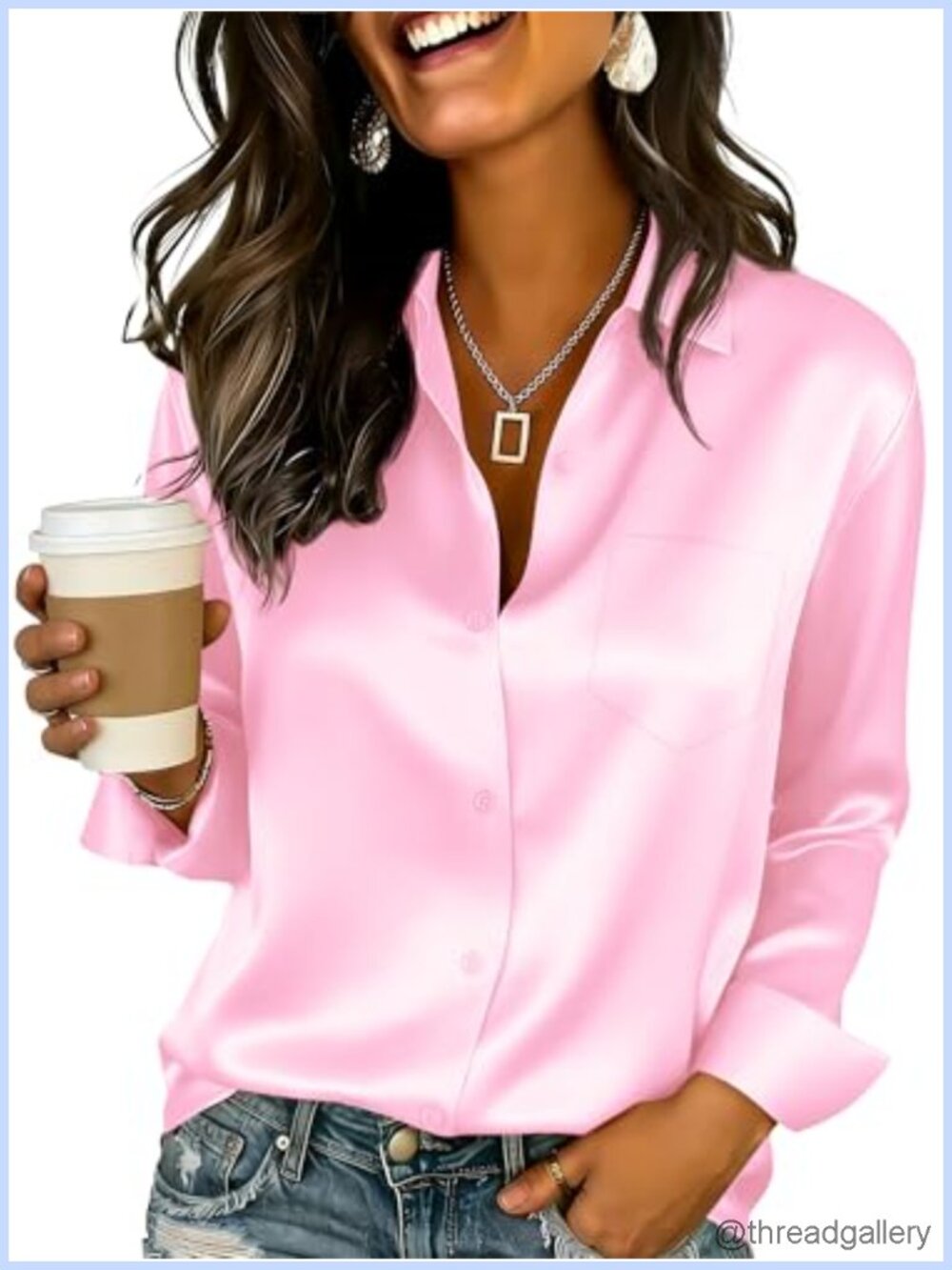 Elegant Satin Blouse Button Down V-Neck Long Sleeve Office Top